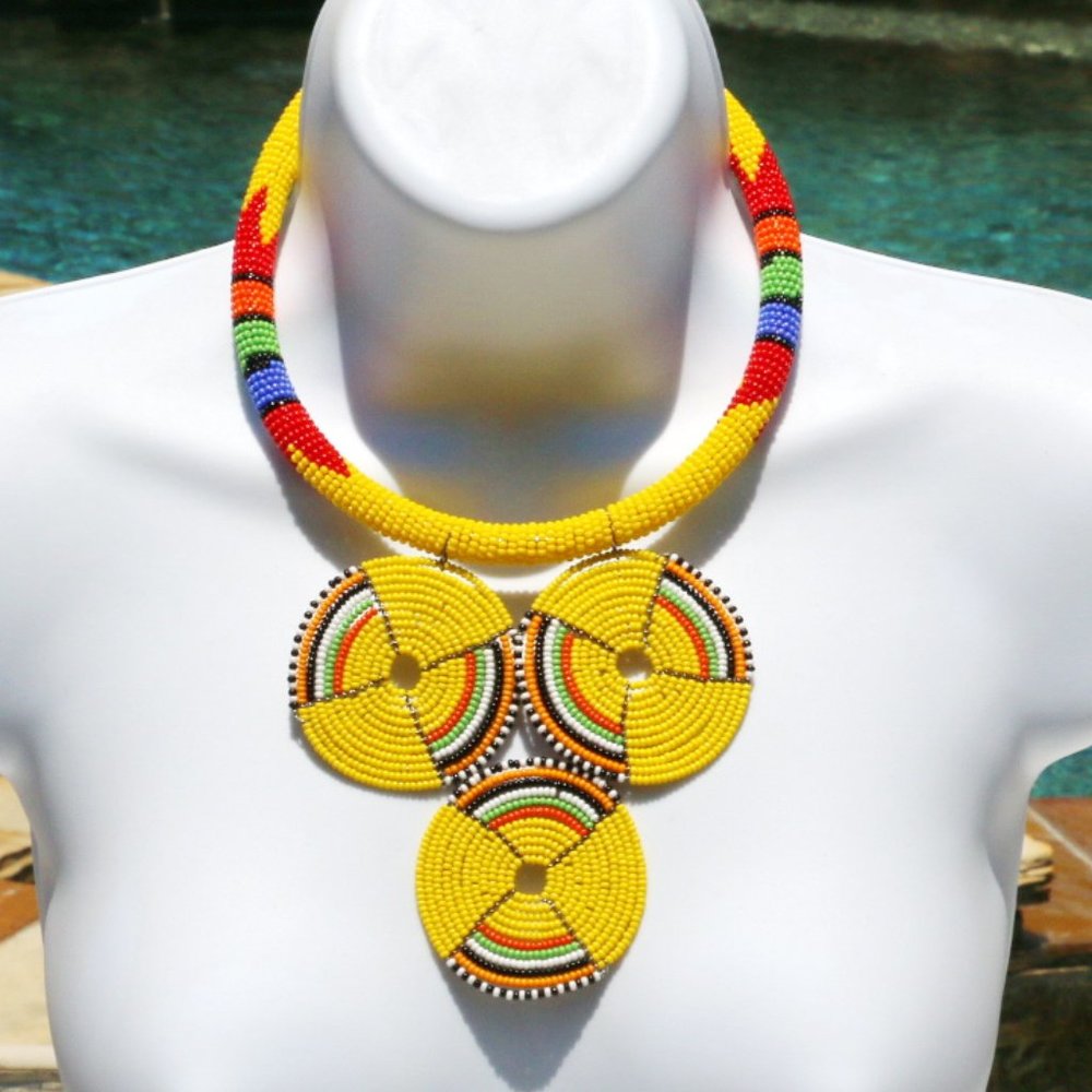 Handmade Boho Necklace Tribal Seed Bead Yellow